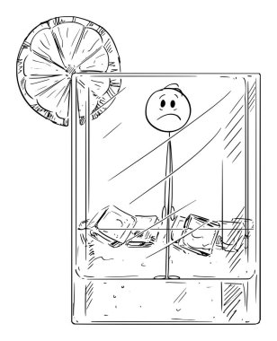 İçkinin içinde alkol bağımlısı ya da bir bardak viski, vektör çizgi film çöp figürü ya da karakter çizimi.