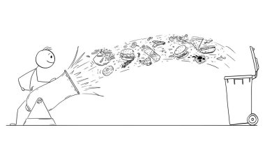 Çöp kutusuna ya da çöp kutusuna yemek atmak, vektör çizgi film çöp figürü ya da karakter çizimi.