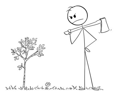 İş ya da yatırım konsepti, insan ağacı çok erken kesecek, vektör çizgi film figürü ya da karakter çizimi.