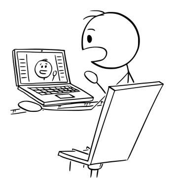 Video çağrısı ve ofiste çalışan kişi, vektör karikatür çubuğu figürü veya karakter illüstrasyonu.