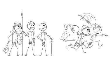 Bir grup zayıf adam, güçlü savaşçılar ya da şövalyeler, vektör çizgi karakter figürü ya da karakter çiziminden panik içinde kaçar ya da kaçar..