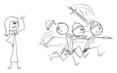 Ordu ya da bir grup savaşçı ya da şövalye cesur kadından, vektör çizgi karakter figüründen ya da karakter çiziminden kaçıyorlar..