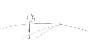 Ayakta duran ve başka bir adamı uzun yolda veya yolda izleyen, vektör çizgi film çizgi karakteri figürü veya karakter çizimi.