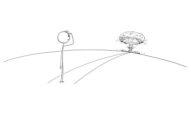 Yolda duran ve gelecekte nükleer patlamaya bakan kişi, vektör karikatür çubuğu figürü veya karakter çizimi.