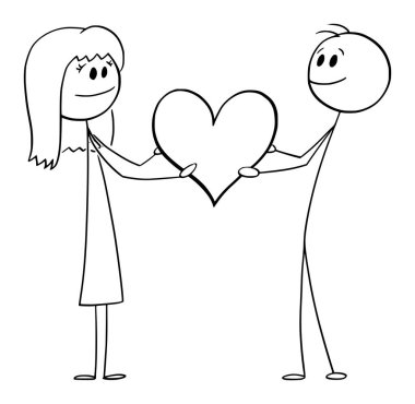Heteroseksüel çift ellerinde kalp, vektör çizgi film çubuğu figürü veya karakter çizimi tutuyorlar..