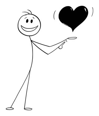 Avucunun ya da ellerinin üzerinde kalbi gösteren ya da sunan kişi, vektör çizgi film çizgi karakteri figürü ya da karakter çizimi.