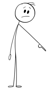 Mutsuz ya da üzgün kişi bir şeyi işaret ediyor, vektör çizgi film çizgi karakteri figürü ya da karakter çizimi.