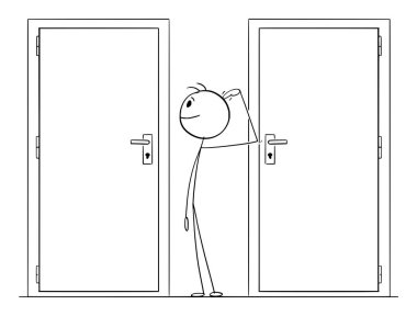 Açılıp girmek için doğru kapıyı seçin, çizgi film çubuğu figürü veya karakter illüstrasyonu.