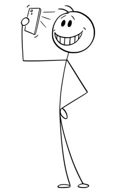 Telefon, vektör karikatür çubuk figürü veya karakter çizimi ile selfie çeken kişi.