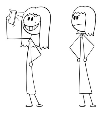 Kadın telefonuyla selfie çekiyor, başka bir kızgın kadın bakıyor, vektör çizgi film çizgi karakteri figürü ya da karakter çizimi.