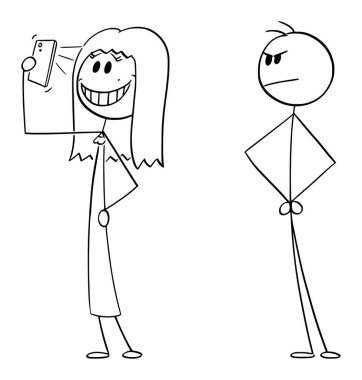 Kadın telefonuyla selfie çekiyor, kızgın adam bakıyor, vektör çizgi film çizgi karakteri figürü veya karakter çizimi.