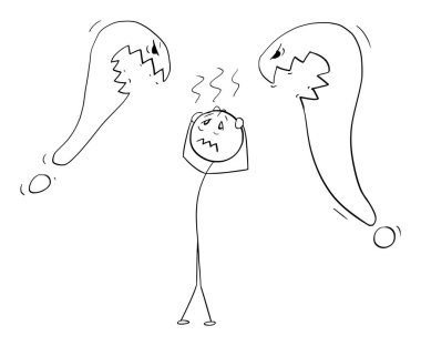 Soru veya problem hakkında düşünen sinirli ve endişeli kişi, vektör çizgi film çizgi karakteri figürü veya karakter çizimi.