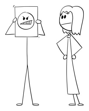 Erkek gerçek duygularını gösterir ya da gizler. Öfke ya da kızgınlık, kadın izliyor, vektör çizgi film çubuğu figürü ya da karakter çizimi..