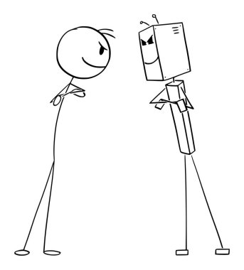 Competition between human and robot or Ai or artificial intelligence, vector cartoon stick figure or character illustration. clipart