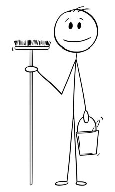 Süpürge ve kova tutan temizlikçi ya da hademe, vektör çizgi karakter figürü ya da karakter çizimi.