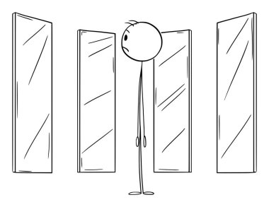 Aynada kendine bakan ama hiçbir şey görmeyen kişi, vektör çizgi film çizgi karakteri figürü ya da karakter çizimi..