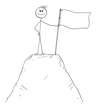 Tepenin üstünde bayrağı olan kişi, başarı ya da kazanan konsept, vektör çizgi film çubuğu figürü ya da karakter illüstrasyonu.