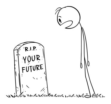 Şok olmuş insan geleceğinin mezarına bakıyor, vektör çizgi film çizgi karakteri figürü ya da karakter çizimi.