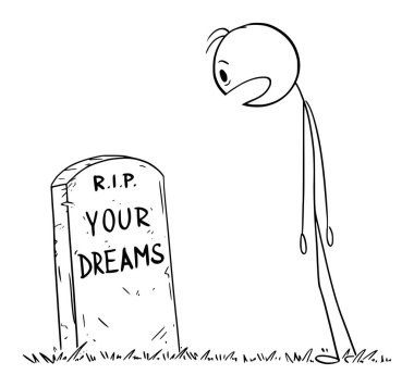 Rüyalarının mezarına bakan şaşkın insan, vektör çizgi film çizgi karakteri figürü ya da karakter çizimi.