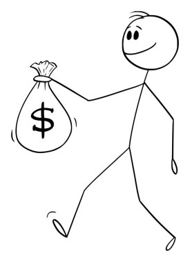 İş adamı ya da elinde büyük bir çanta dolusu para ya da dolar olan kişi, vektör çizgi film çubuğu figürü ya da karakter çizimi.