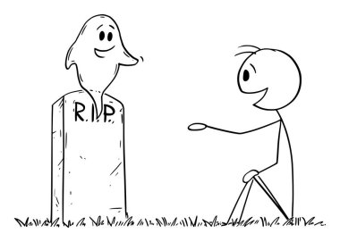 Person on cemetery talking with soul or ghost, vector cartoon stick figure or character illustration. clipart