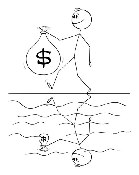 Бизнесмен или человек, держащий большой мешок с наличными или деньгами, но мешок гораздо меньше, чем кажется, векторная фигура палочки мультфильма или персонаж иллюстрации.