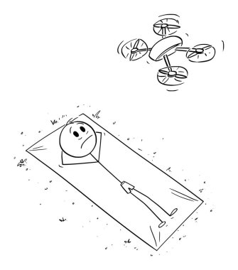 Privacy invading drone and person lying and sunbathing on blanket , vector cartoon stick figure or character illustration. clipart