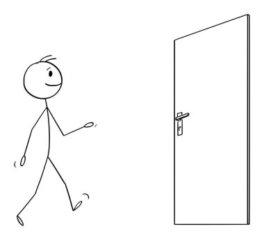 Kapıya doğru yürüyen kendine güvenen kişi, vektör çizgi film çizgi karakteri figürü veya karakter çizimi.