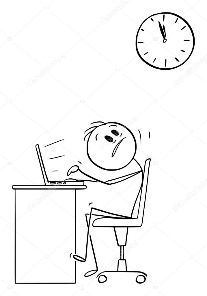 Office worker working on computer and looking at wall clock , vector cartoon stick figure or character illustration. stock vector