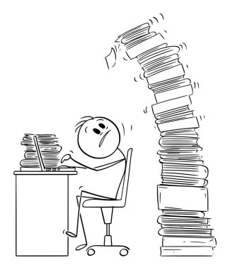 Çok çalışan ofis çalışanı bilgisayar, vektör çizgi film çubuğu figürü ya da karakter çizimi üzerinde çalışıyor.