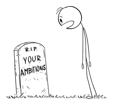 Hırslarının mezarına bakan şaşkın insan, vektör çizgi film çizgi karakteri figürü veya karakter çizimi.