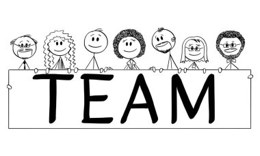 Gülümseyen çok ırklı farklı takımlar takım işareti, vektör çizgi karakter figürü veya karakter çizimi.