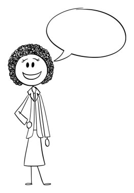 Gülümseyen siyah kadın ya da Afrikalı etnik kökenli iş kadını konuşuyor, vektör çizgi film çizgi karakteri figürü ya da karakter çizimi.