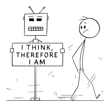 Is robot, machine, artificial intelligence or ai alive. Vector cartoon stick figure or character illustration. clipart