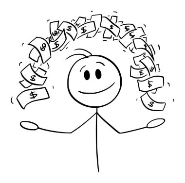 Nakit para ya da dolarlarla hokkabazlık yapan iş adamı ya da kişi, vektör çizgi film çizgi karakteri figürü ya da karakter çizimi.