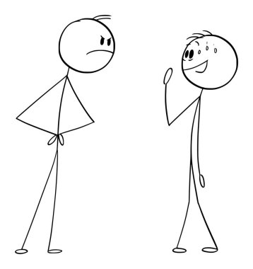 Endişeli ya da utangaç kişi patronla ya da babayla konuşuyor, vektör çizgi film çizgi karakteri figürü ya da karakter çizimi.