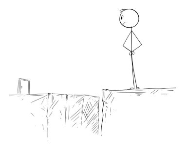 Engellerin arkasındaki kapıya bakan kişi, vektör çizgi karakter figürü veya karakter çizimi.