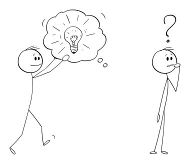Kişinin fikirler veya problem çözümü, vektör çizgi film çubuğu figürü veya karakter illüstrasyonunda yardıma ihtiyacı vardır.