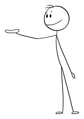 Boş uzanmış eli ya da avuç içi bir şeyi gösteren ya da sunan kişi, vektör çizgi film çizgi karakteri figürü ya da karakter çizimi.