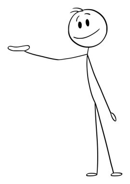 Boş uzanmış eli ya da avuç içi bir şeyi gösteren ya da sunan kişi, vektör çizgi film çizgi karakteri figürü ya da karakter çizimi.