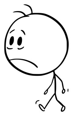 Büyük kafalı mutsuz üzgün kişi, vektör karikatür çubuk figürü veya karakter çizimi.