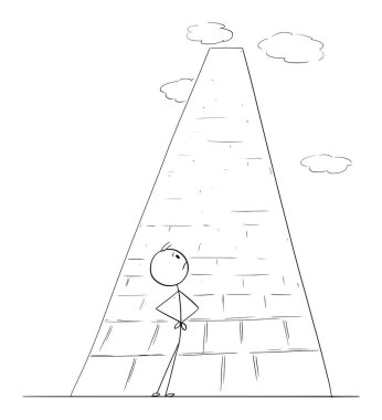 Ayakta duran ve yüksek duvara, kuleye ya da engele bakan kişi, vektör çizgi film çizgi karakteri figürü ya da karakter çizimi.