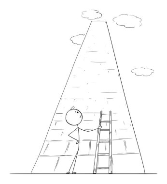 Merdiveni olan ve yüksek duvara, kuleye ya da engele bakan kişi, vektör çizgi film çubuğu figürü ya da karakter çizimi.