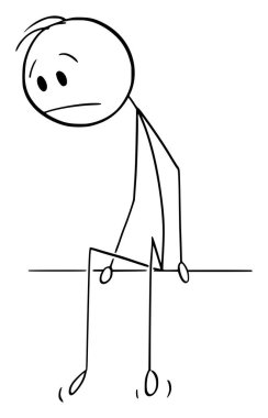 Üzgün ya da hayal kırıklığına uğramış kişi oturur ve aşağı bakar, vektör çizgi film çubuğu figürü ya da karakter çizimi.