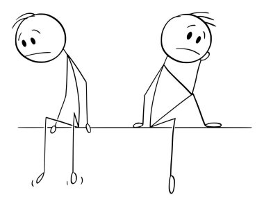 Oturan iki üzgün adam ya da kişi, vektör çizgi film çizgi karakteri figürü ya da karakter çizimi.