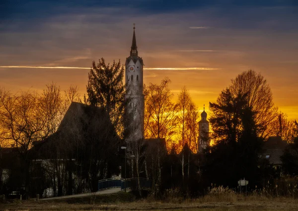 Church Schrobenhausen Colorful Sky Sunset — Stock Photo, Image