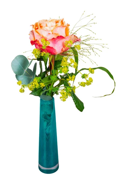Primer Plano Arreglo Floral Aislado Con Una Rosa Jarrón Vidrio — Foto de Stock