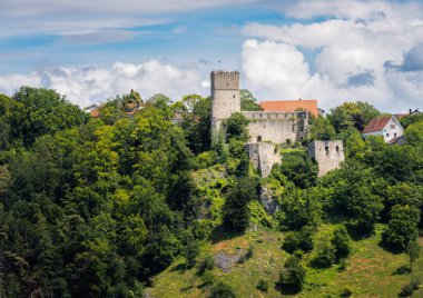 ESSING, GERMANY - 16 Haziran 2024 'te Germna, Essing' deki Altmuehltal vadisindeki Randeck kalesi harabesi