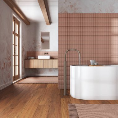 Japandi minimalist tuvaleti beyaz ve turuncu tonlarda. Kapalı, serbest küvet ve ahşap lavabo. Çiftlik evi iç tasarımı