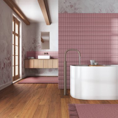 Japandi minimalist tuvaleti beyaz ve kırmızı tonlarda. Kapalı, serbest küvet ve ahşap lavabo. Çiftlik evi iç tasarımı